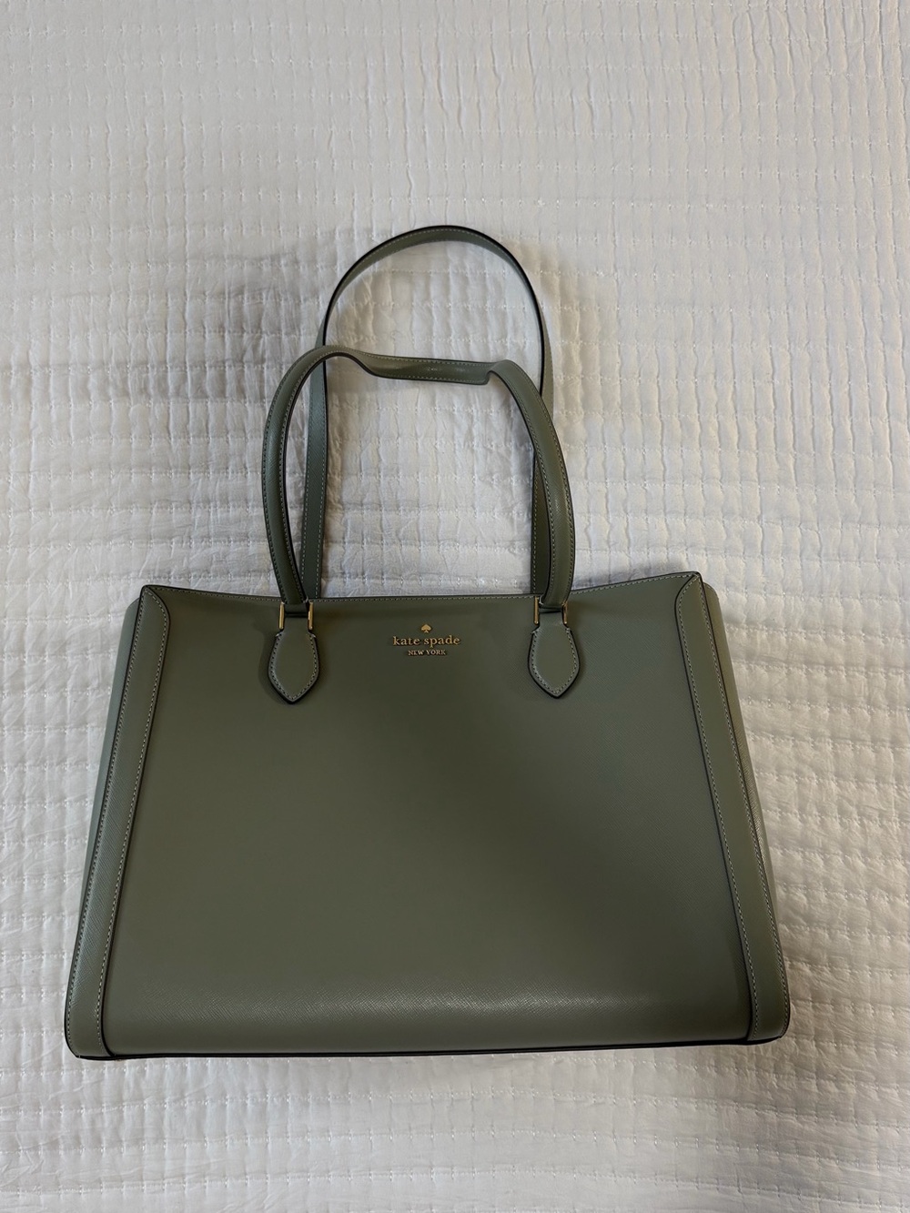 Kate Spade olive green leather tote with gold logo